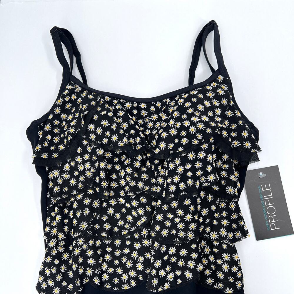 PROFILE BY GOTTEX One Piece Swimsuit Women 10 Black Daisy Ruffle Scoop Neck New - Picture 6 of 12